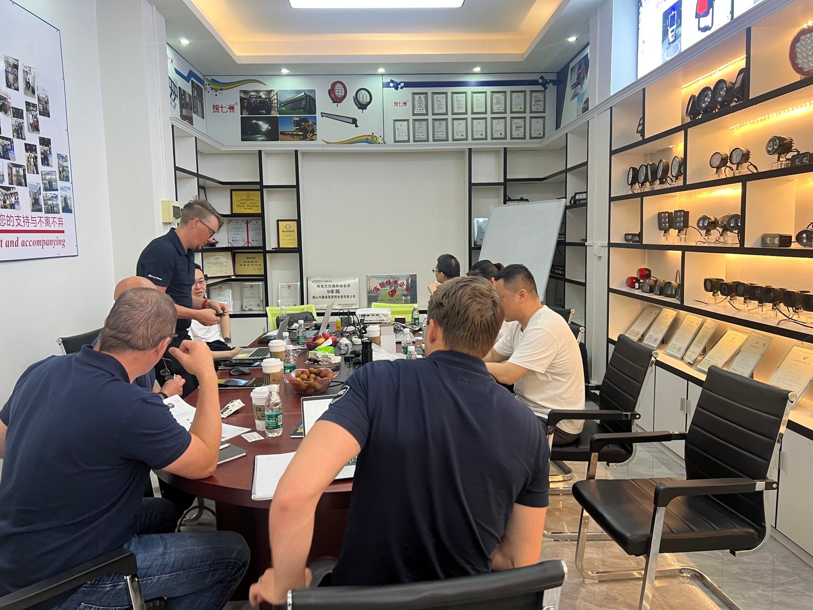 Customer visiting the XRLL factory to review a custom lighting program