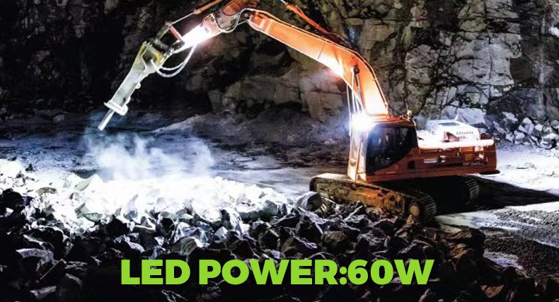 Pair of heavy-duty LED work lights mounted on an excavator arm lighting the digging zone