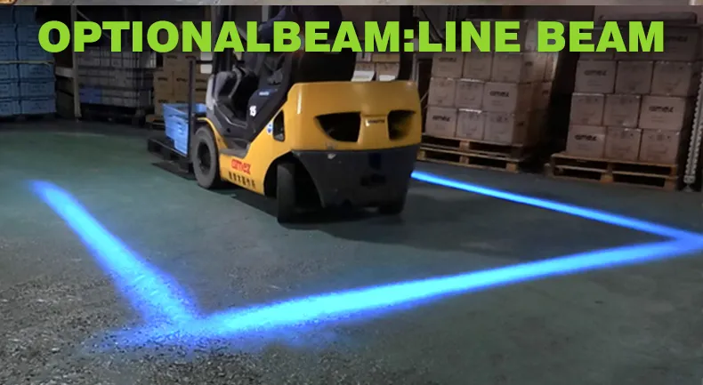 Red zone forklift light projecting a sharply defined red boundary line onto the floor beside the vehicle
