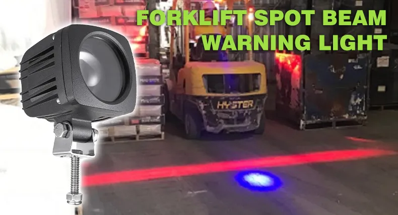 Blue warning spot projected by a forklift LED safety light ahead of the machine