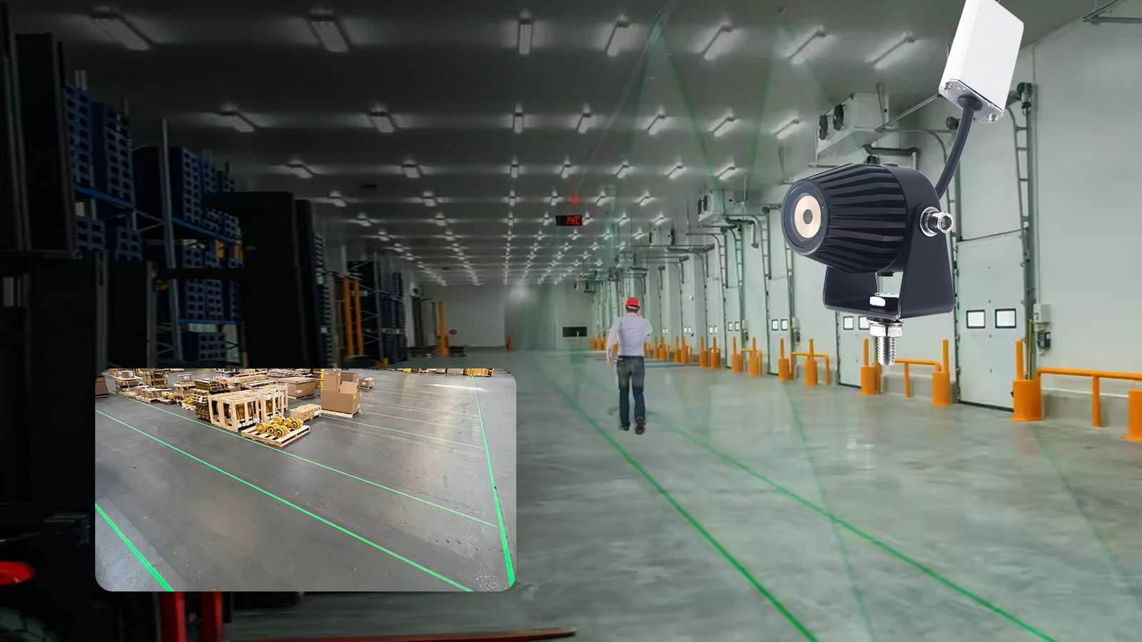 Green laser line marking a safety corridor on a warehouse operating floor