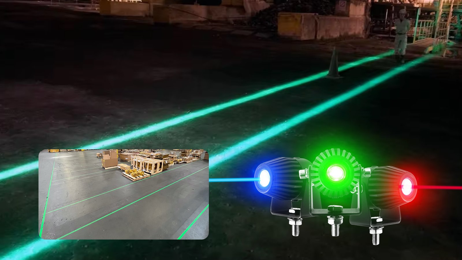 Red laser line projected across an industrial floor to mark a pedestrian boundary