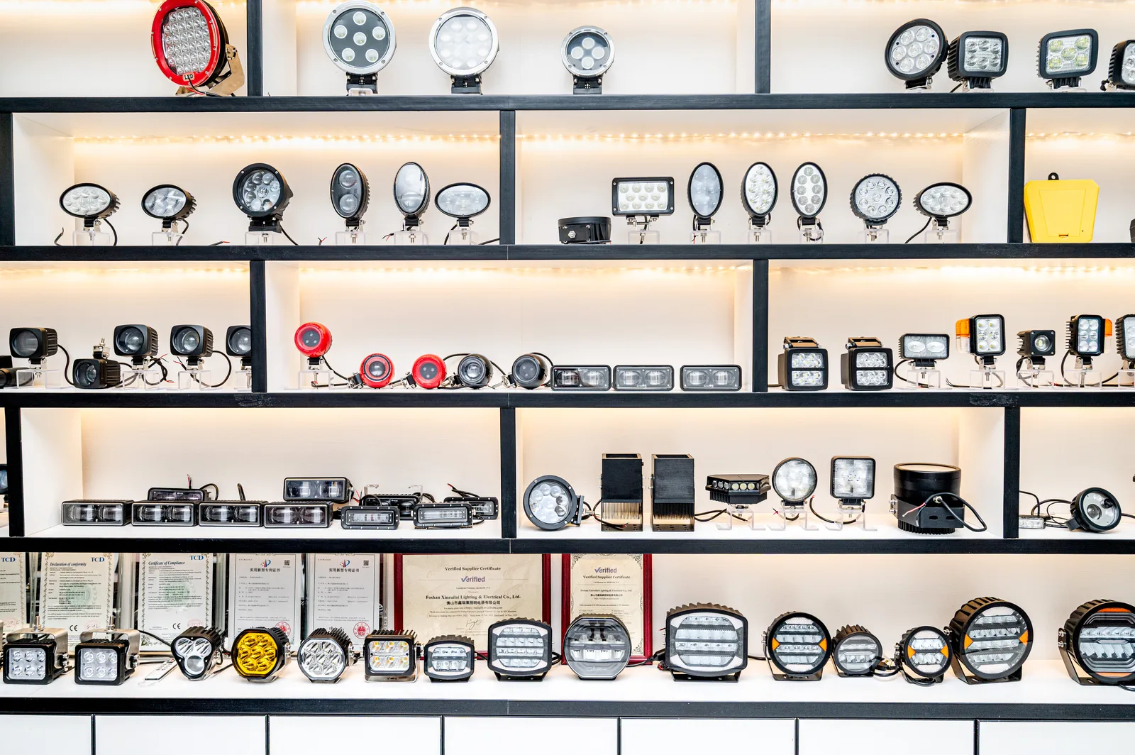 XRLL product display shelf with certification certificates