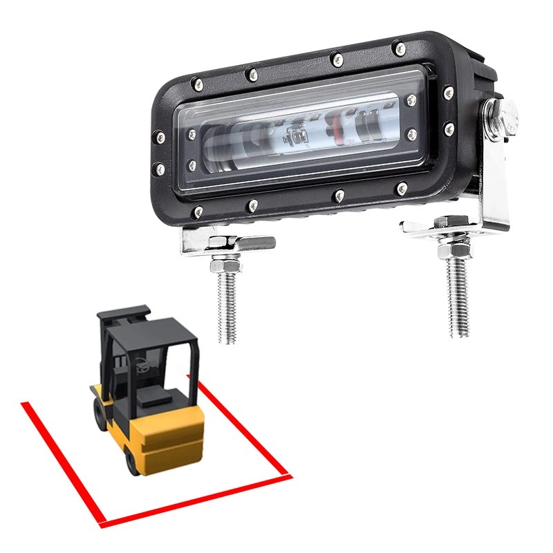 Red zone marker light projecting the sweep envelope around a forklift chassis, one of the two sub-types compared in this guide